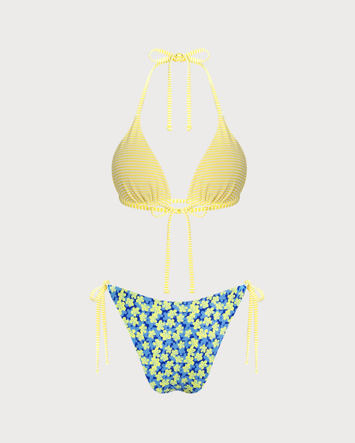 Ensemble de bikini réversible floral bleu à col halter