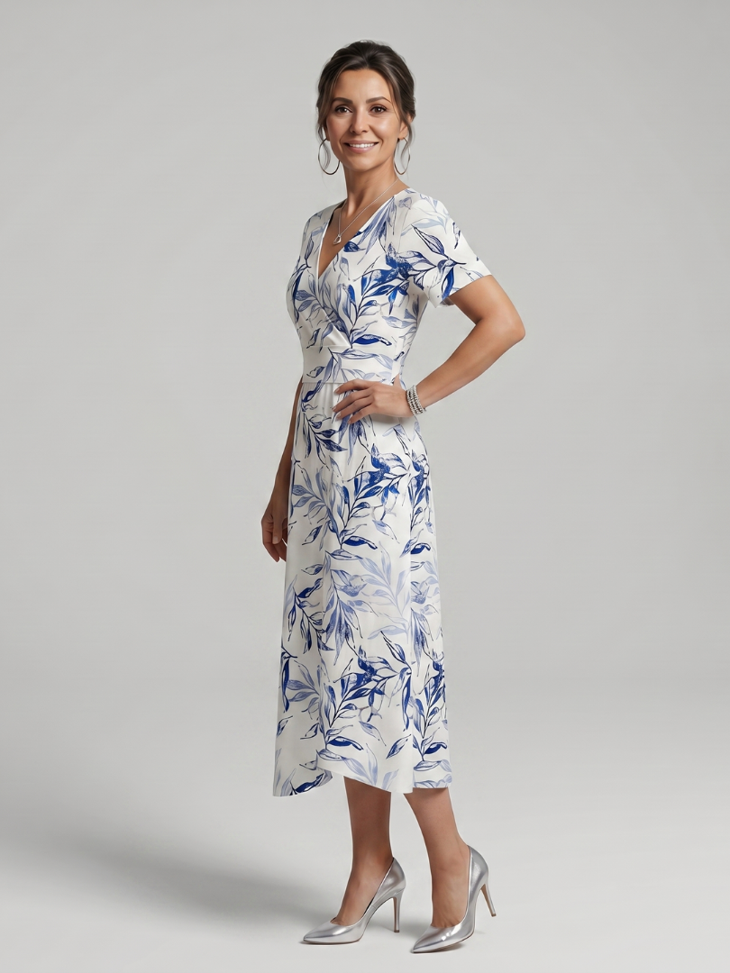 Kael | Robe Midi à Imprimé Botanique Doux avec Décolleté en V