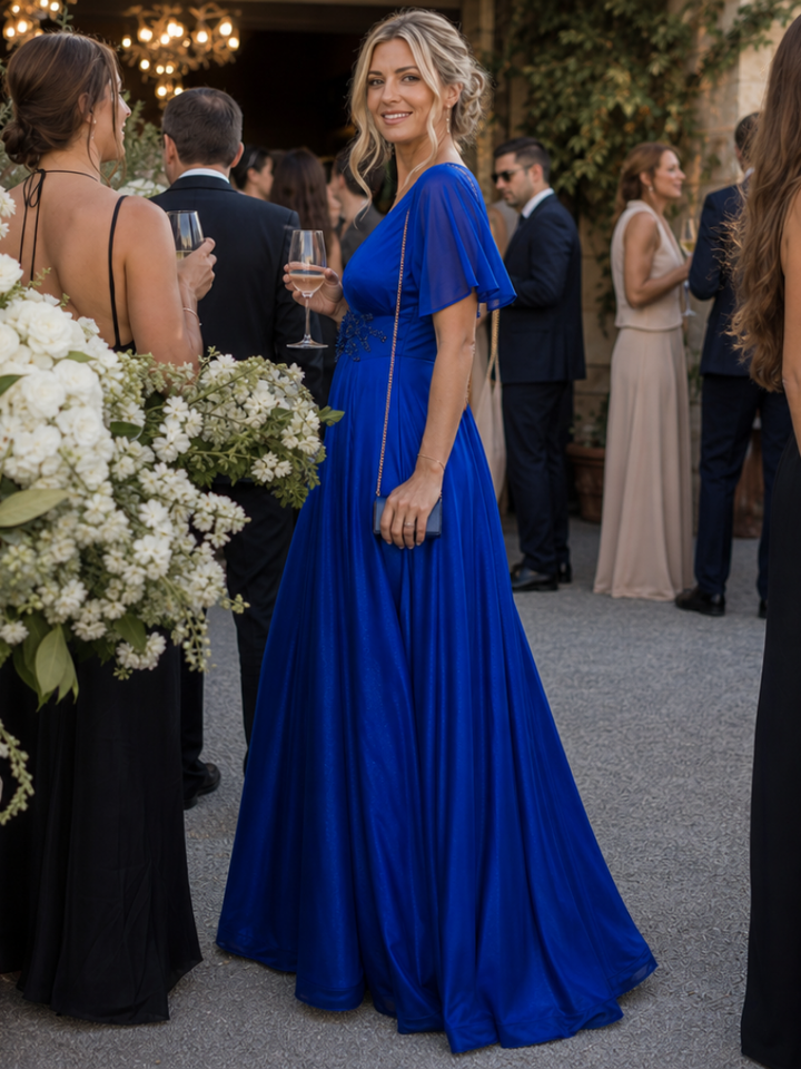 Orelia | Robe Maxi Fluide à Col en V et Manches Courtes