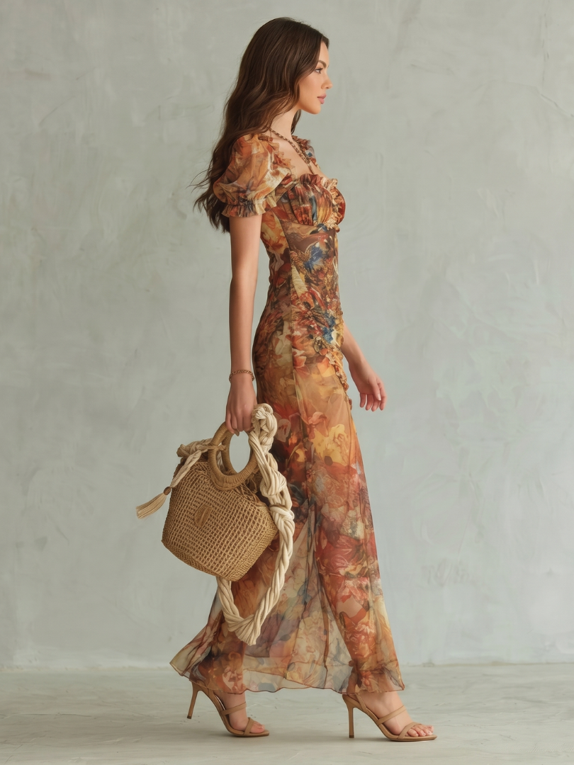 Ciel | Robe Midi Fendue à Manches Volantes
