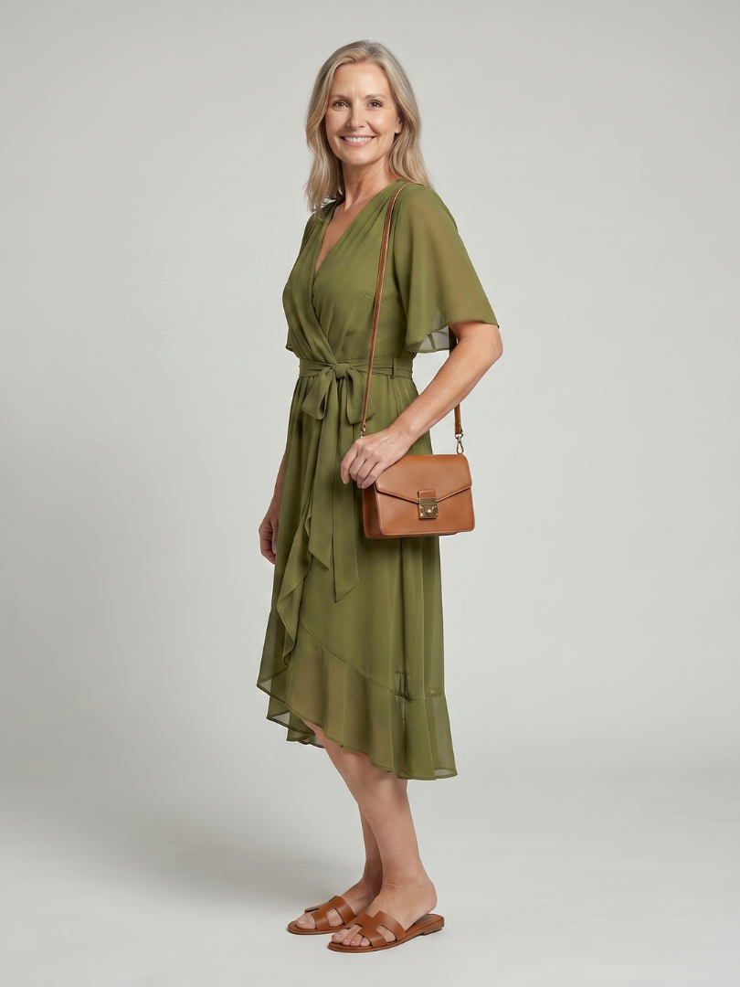 Keziah | Robe Midi à Manches Courtes en Drapé Doux