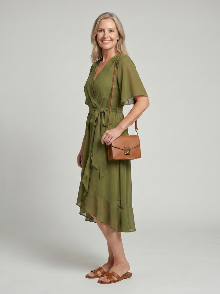 Keziah | Robe Midi à Manches Courtes en Drapé Doux