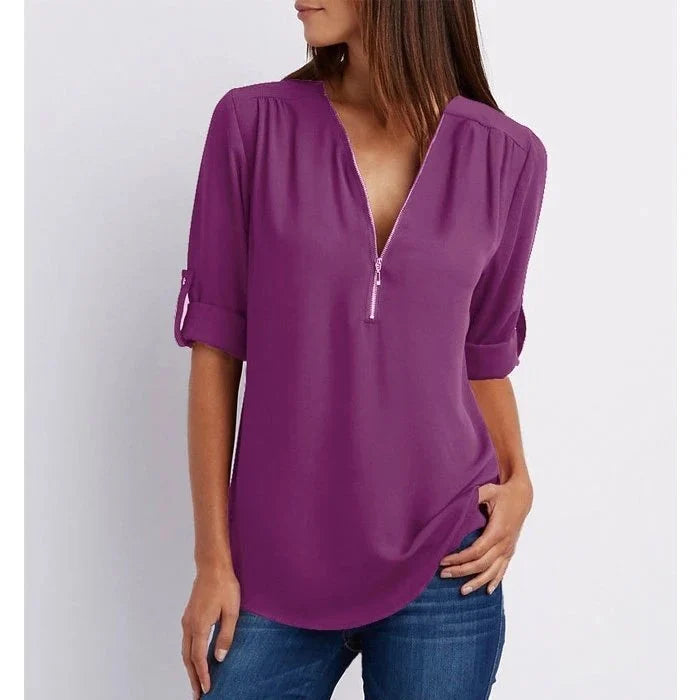 Lucas|Blouse à manches 3/4 en vrac avec fermeture éclair