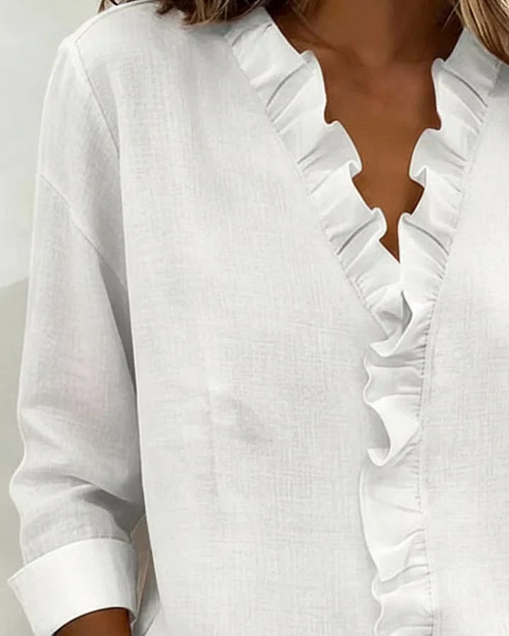 Blouse à Col V Volant Détente Tissu Léger
