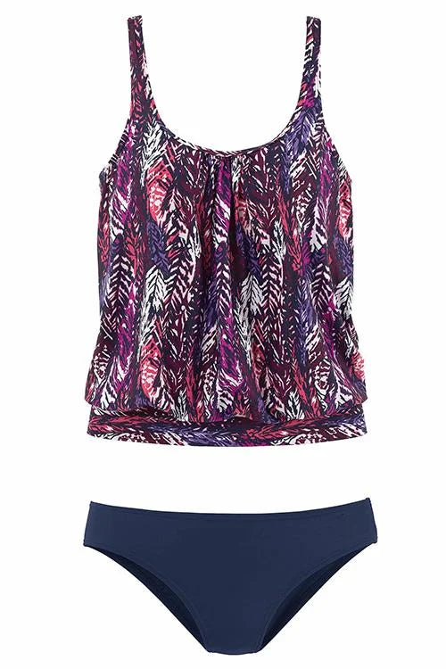 penacho | Ensemble de tankini avec imprimé de plumes qui couvre le ventre