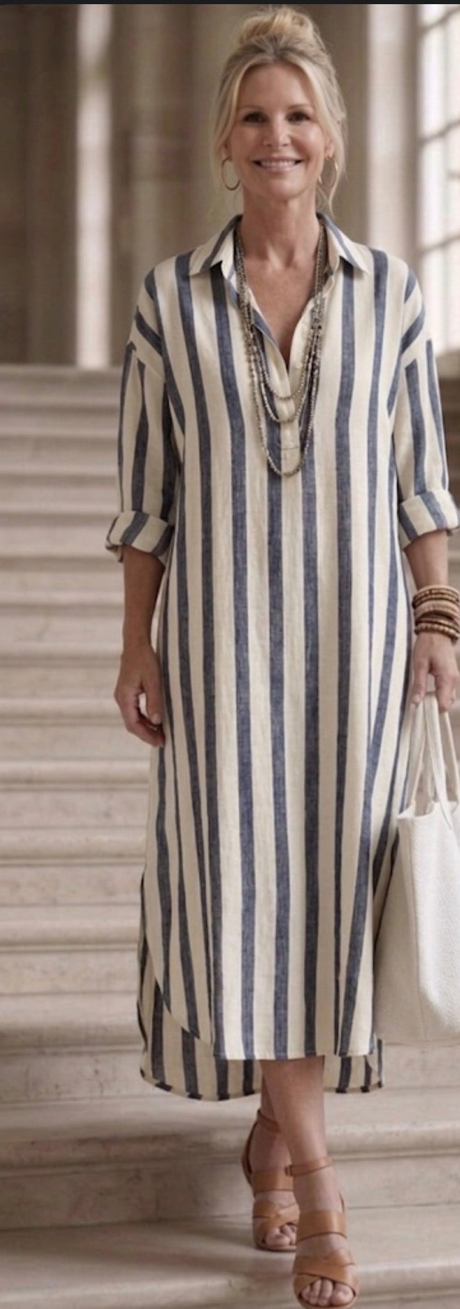 Naomi | Robe Chemise Midi à Manches Longues Rayée