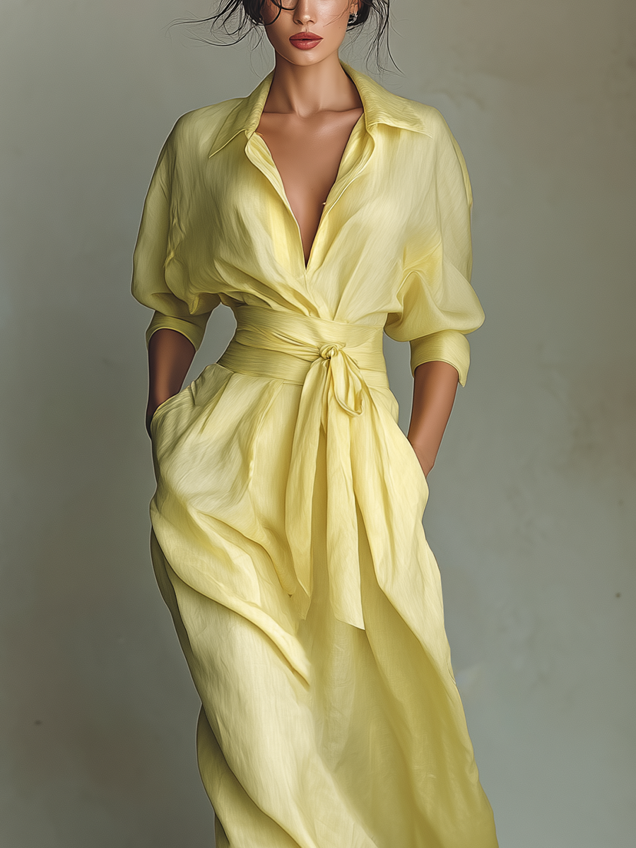 Robe Chemise Maxi pour Femmes en Jaune Citron avec Ceinture à Nouer & Manches Trois Quarts