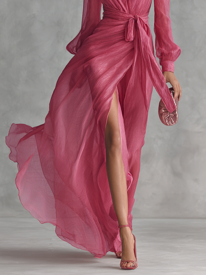 Robe longue rose élégante avec perles et décolleté en V pour femmes