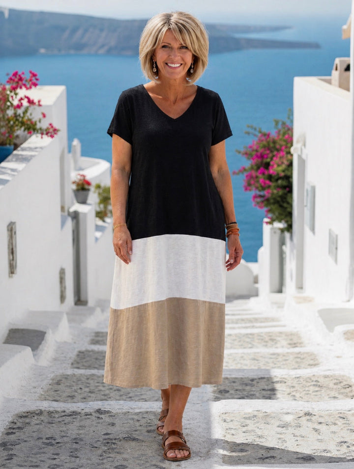 Thalia | Robe Midi à Manches Courtes en Color Block