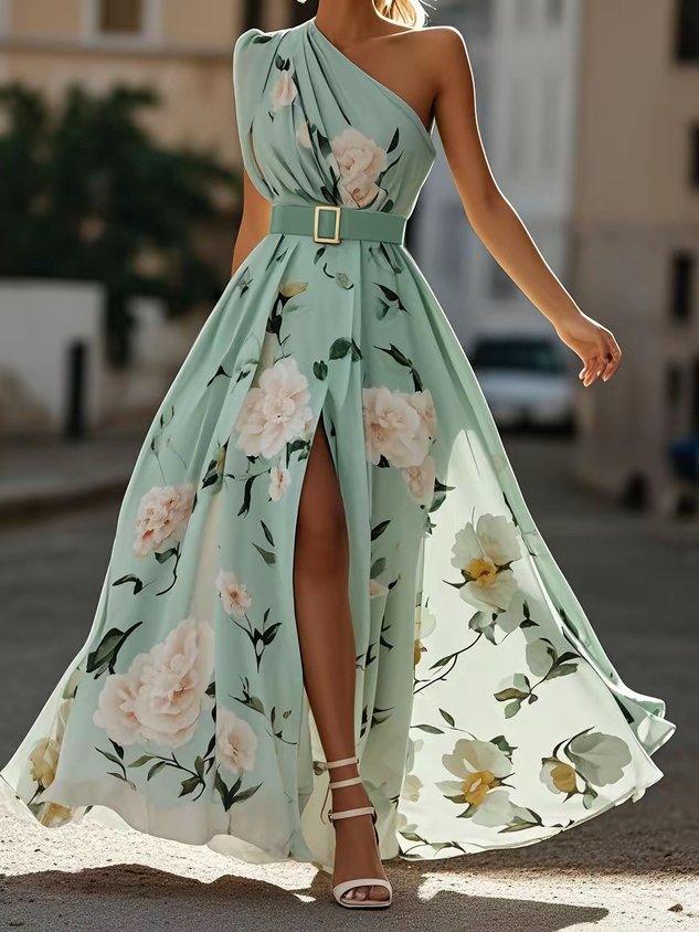 Julie | Robe Maxi à Fleurs Vert Clair à Une Épaule