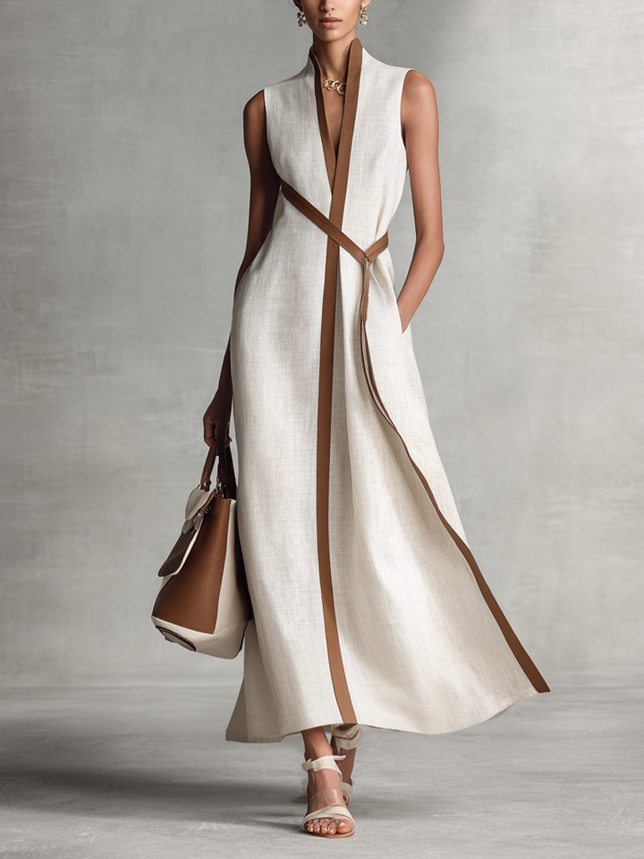 Robe Maxi Sans Manches avec Décolleté en V et Ceinture à Nouer pour Femmes