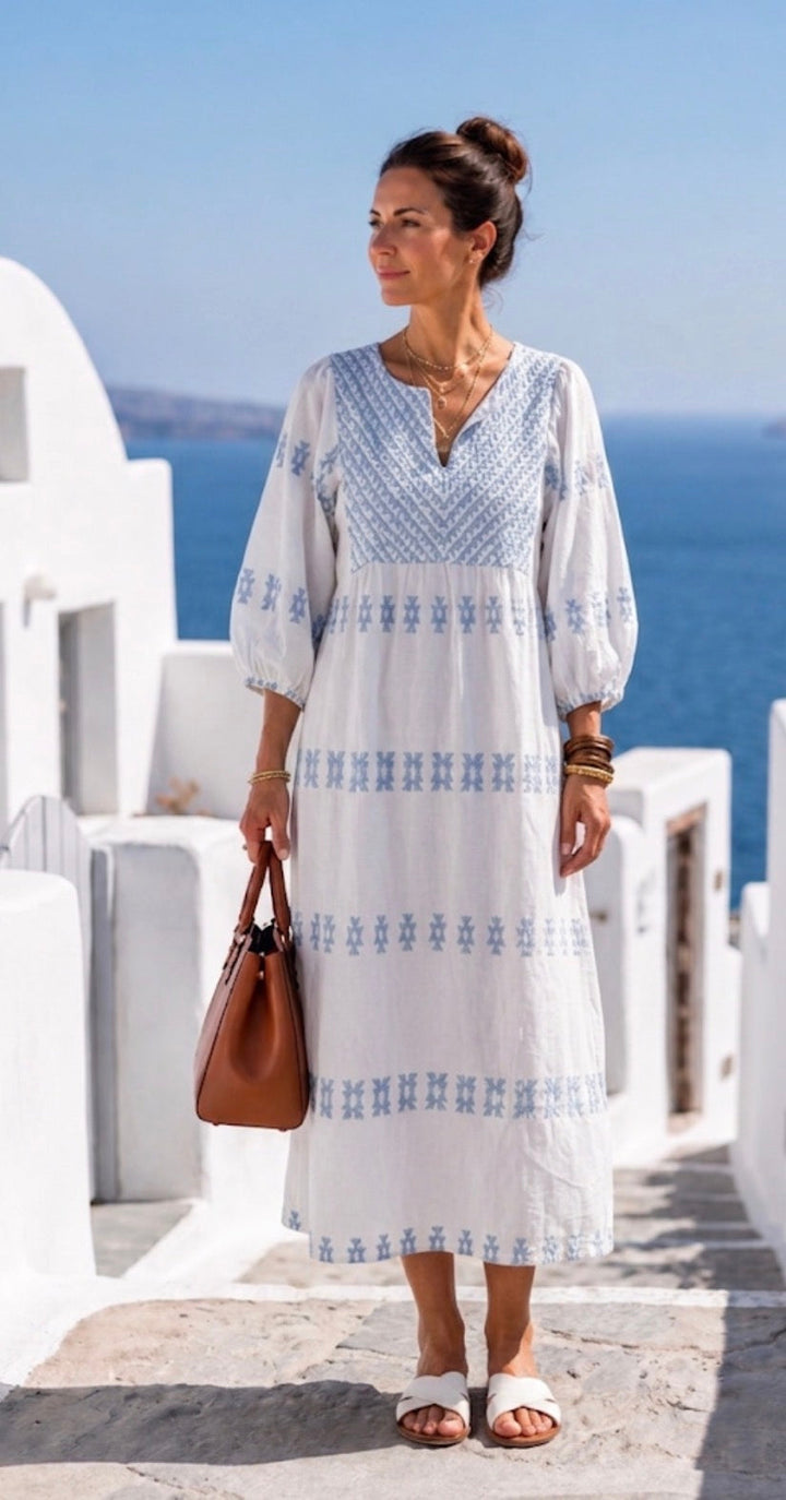 Evadne | Robe maxi brodée à manches longues et décolleté en V