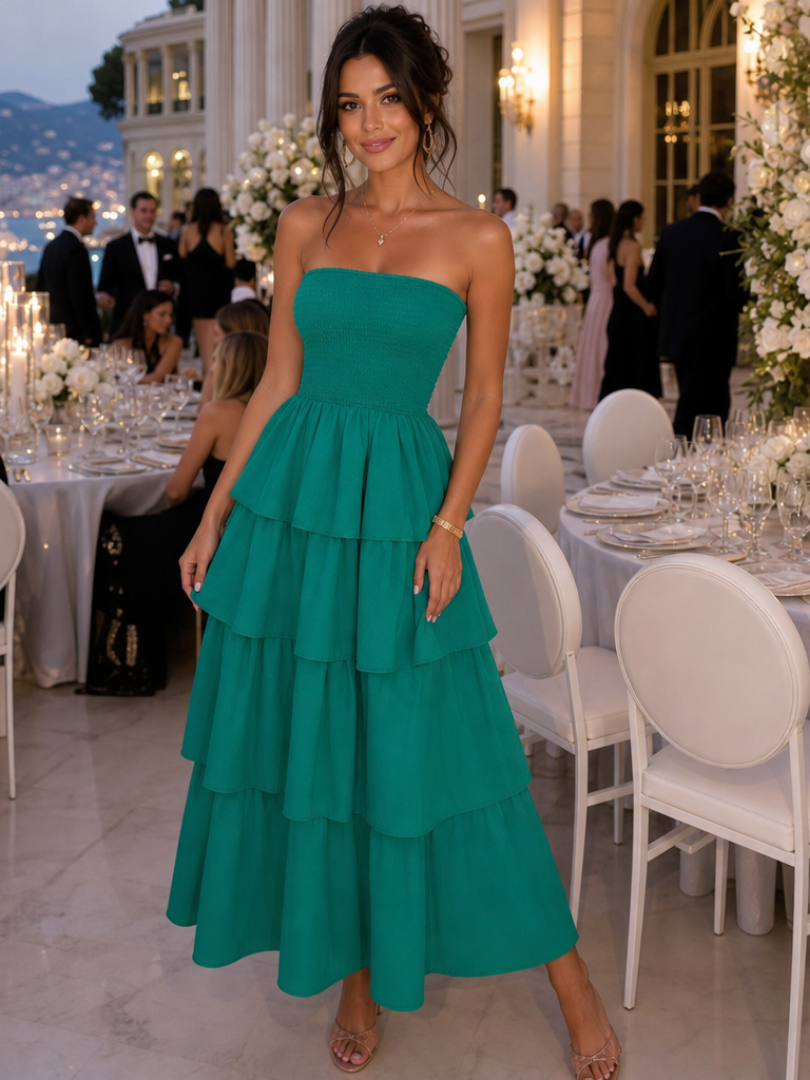 Gemma | Robe Midi Bustier à Corsage Smocké
