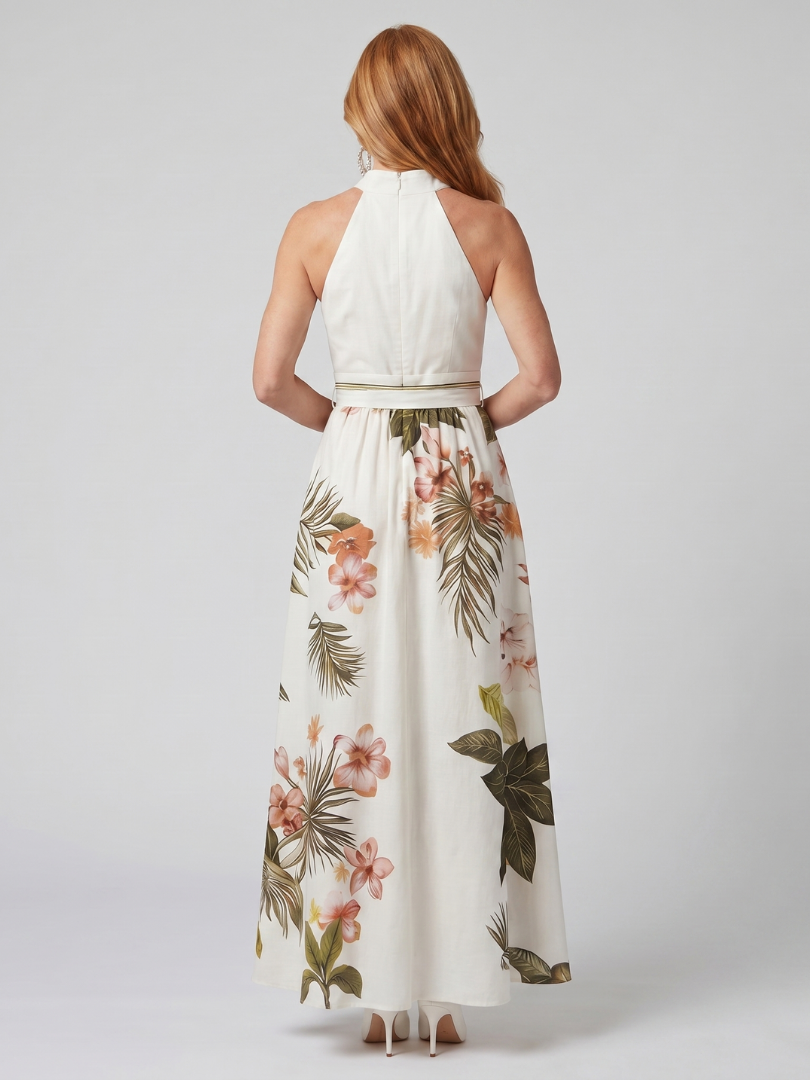 Prairie | Robe maxi à panneau botanique drapée en halter