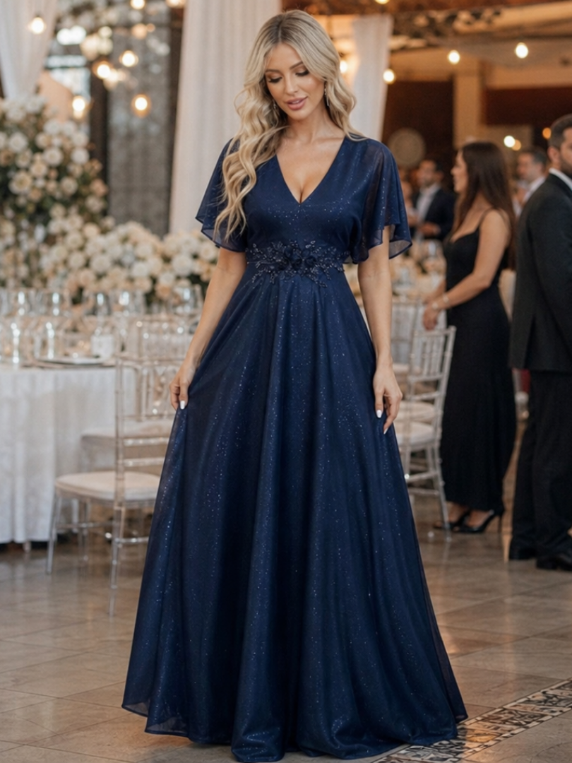 Orelia | Robe Maxi Fluide à Col en V et Manches Courtes