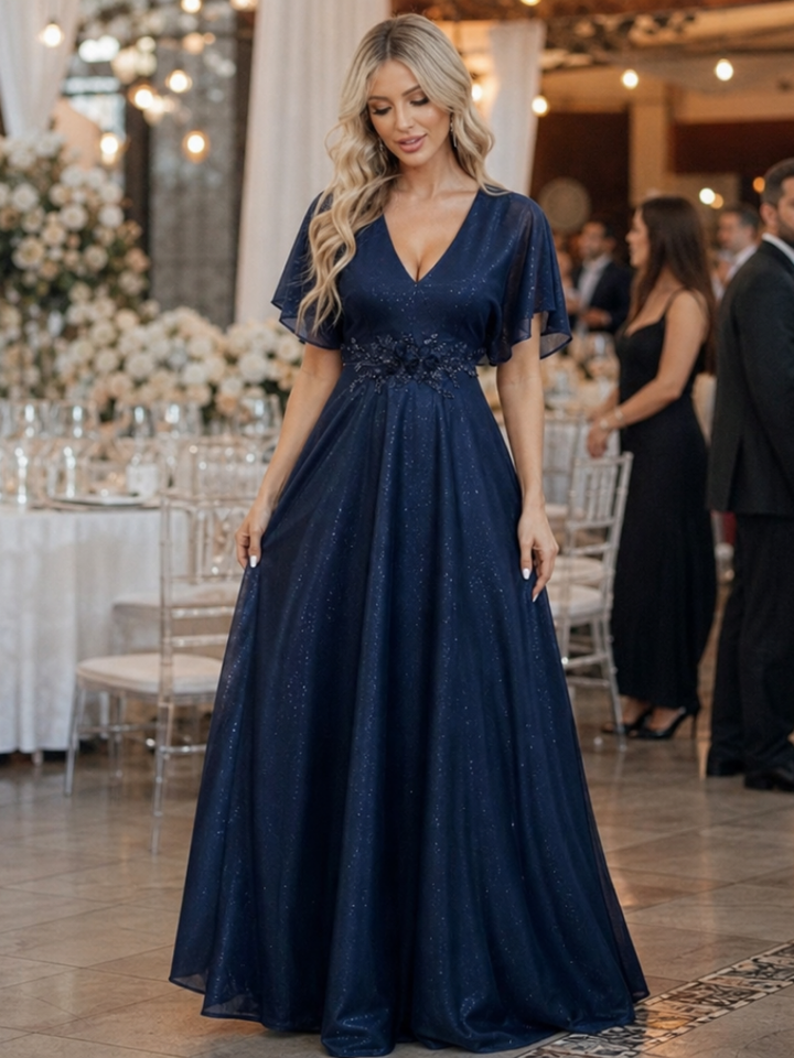 Orelia | Robe Maxi Fluide à Col en V et Manches Courtes