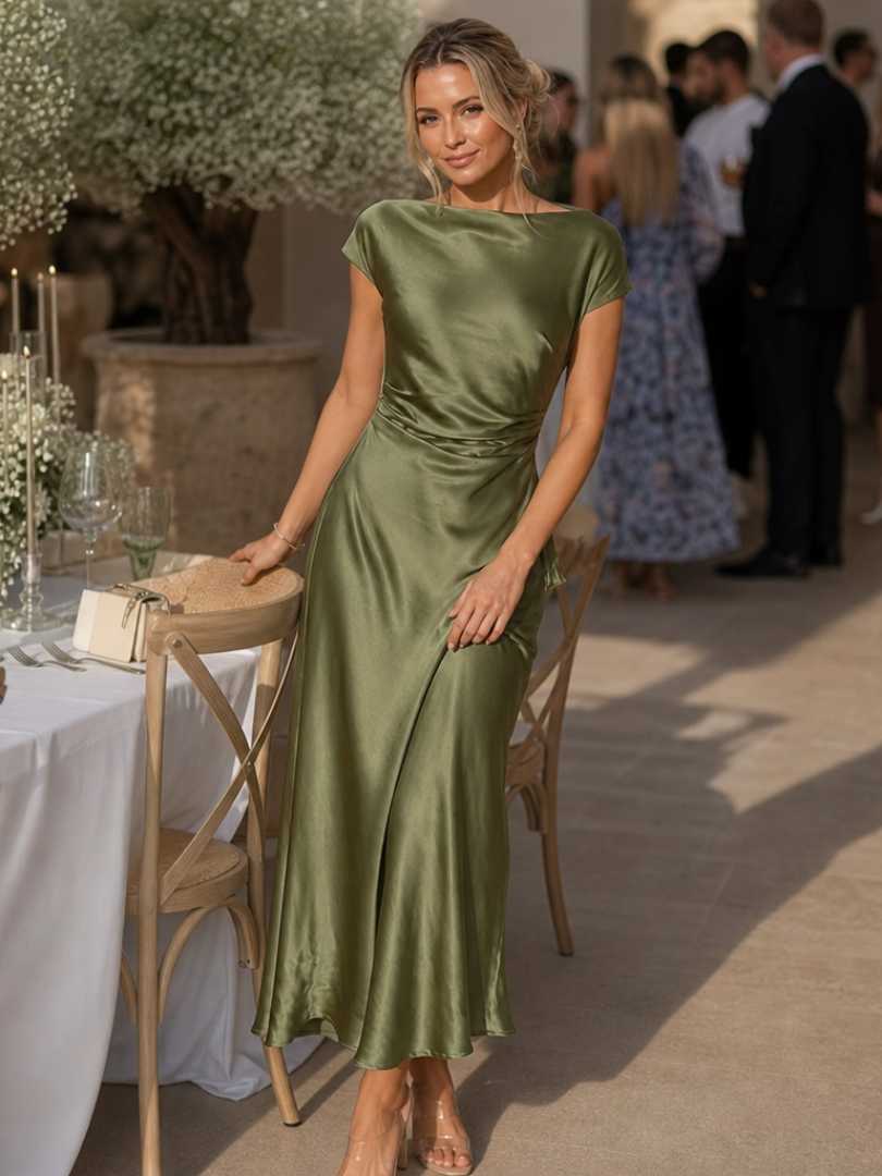 Elure | Robe Midi à Col Bateau et Manches Courtes Ajustée