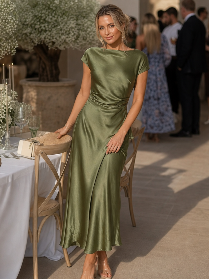 Elure | Robe Midi à Col Bateau et Manches Courtes Ajustée