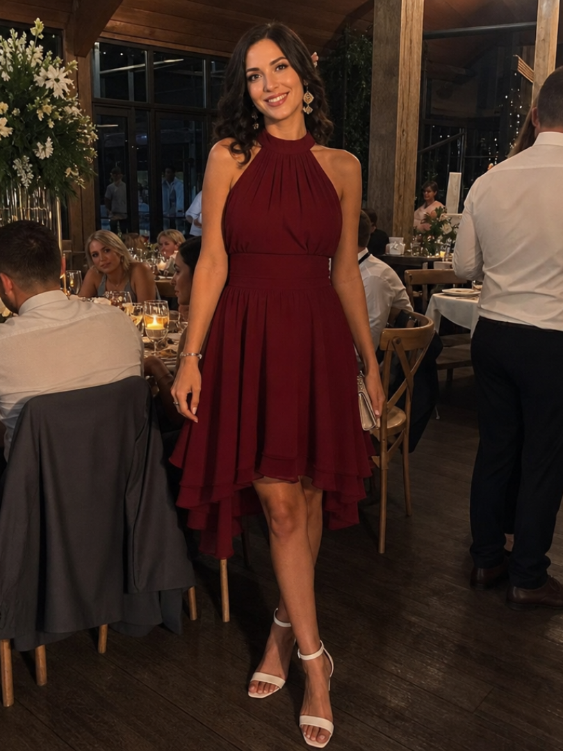 Iyla | Robe Longueur Genou à Col Halter avec Ourlet Superposé