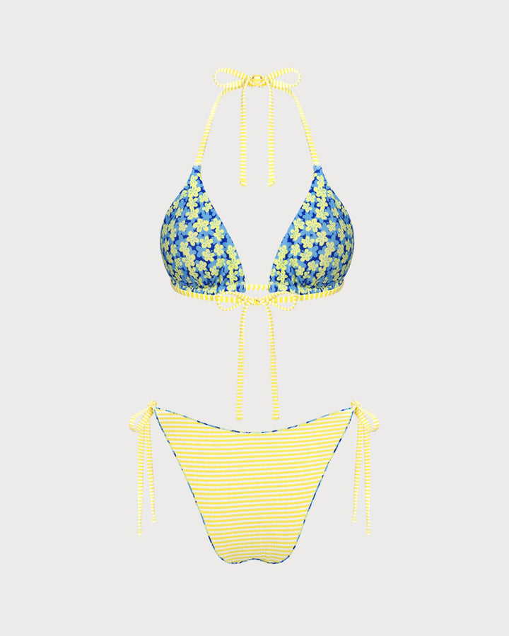 Ensemble de bikini réversible floral bleu à col halter