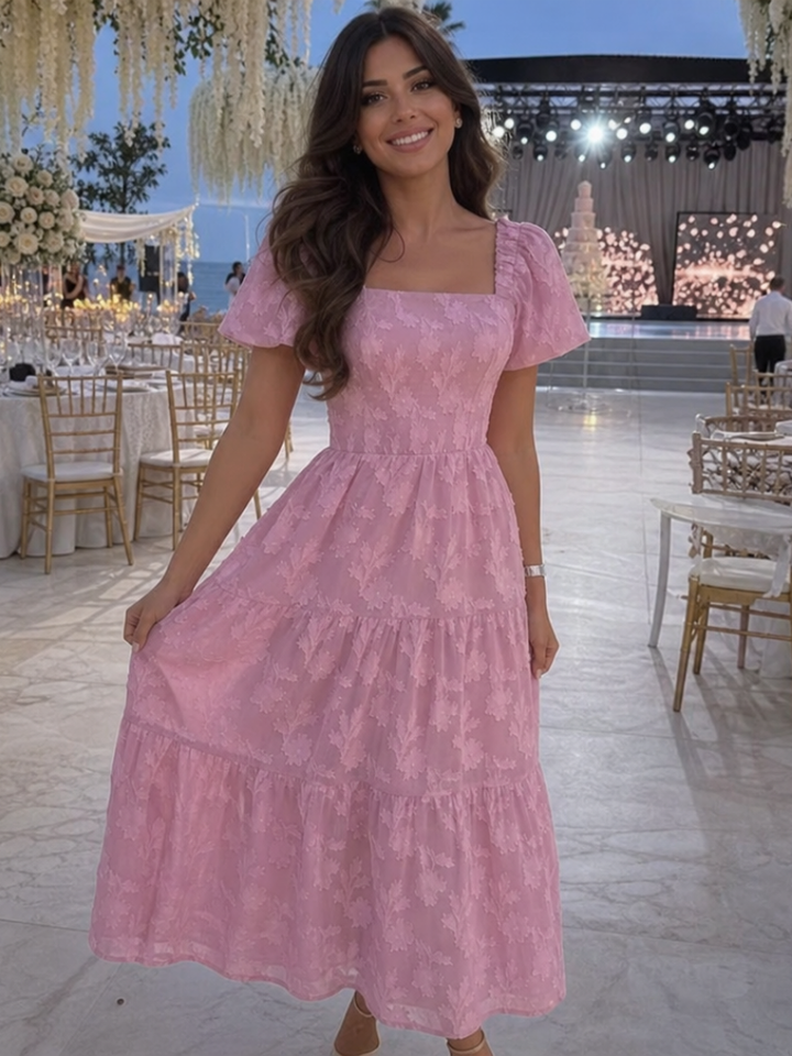 Elaria | Robe Midi à Manches Courtes et Détail Floral Texturé