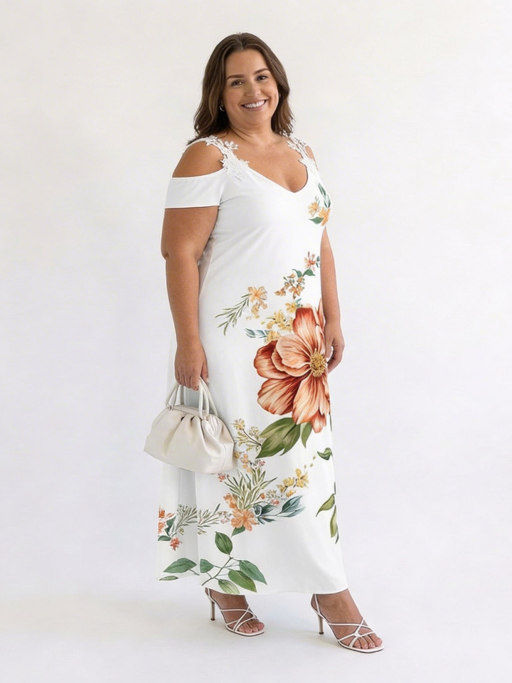 CAMILA | ROBE MAXI A-LINE FLORALE À ÉPAULES DÉNUDÉES