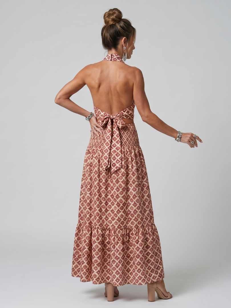 Amira | Robe midi découpée à imprimé géométrique et col croisé