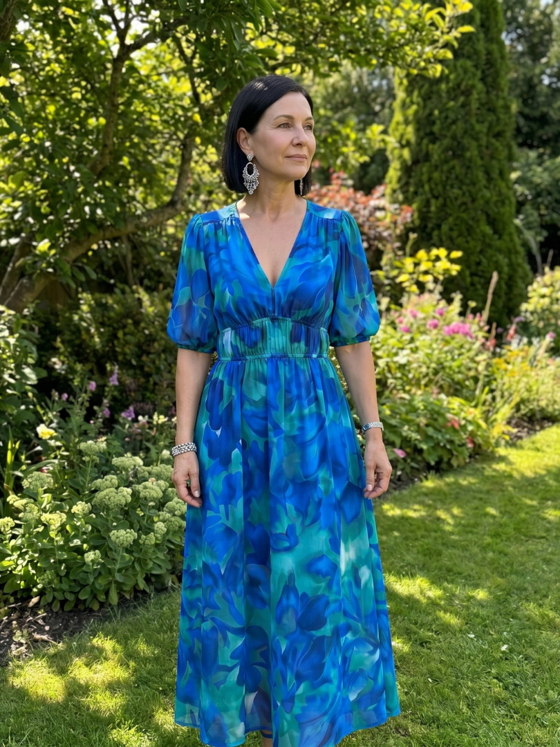 Candlia | Robe Midi à Imprimé Abstrait et Manches Bouffantes en V