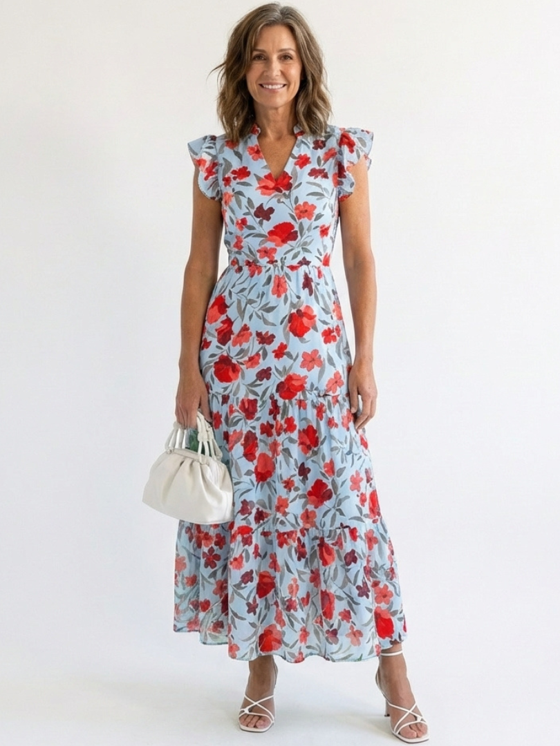 LILA | ROBE MIDI TIERED À COL V FLORAL