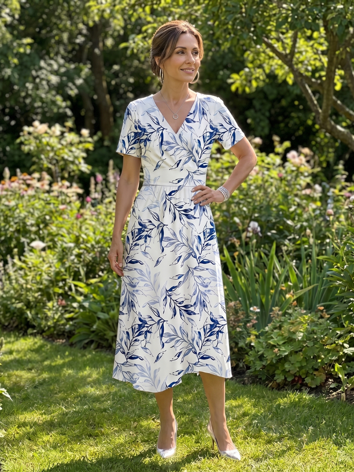Kael | Robe Midi à Imprimé Botanique Doux avec Décolleté en V