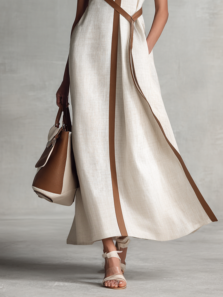 Robe Maxi Sans Manches avec Décolleté en V et Ceinture à Nouer pour Femmes