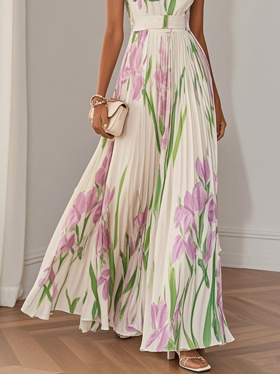Marie | Robe Maxi en Chiffon Floral Plissé Blanc