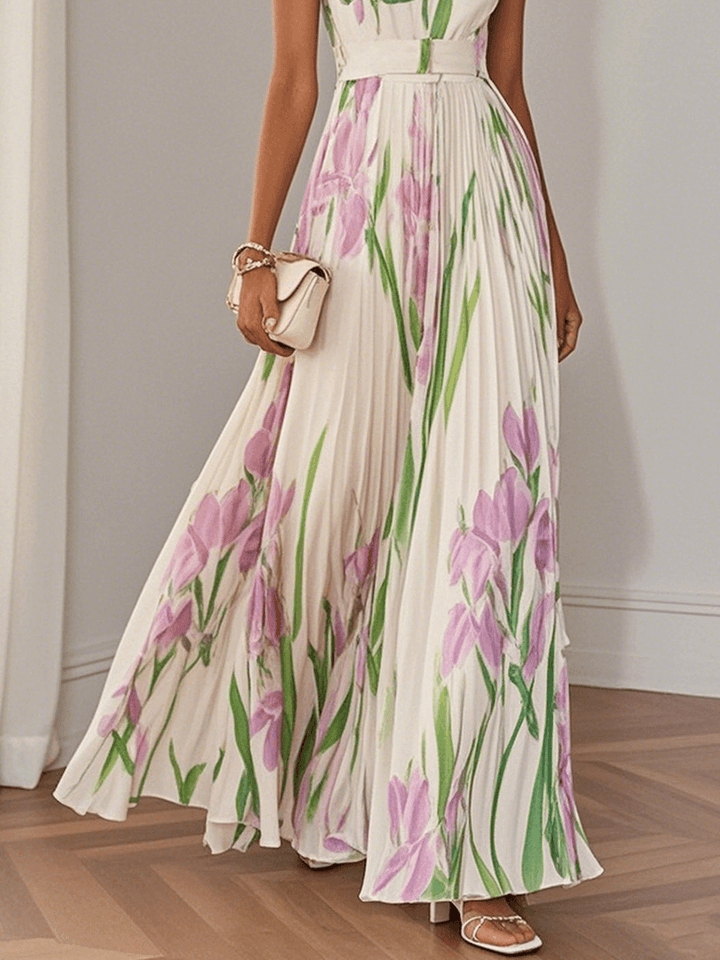 Marie | Robe Maxi en Chiffon Floral Plissé Blanc