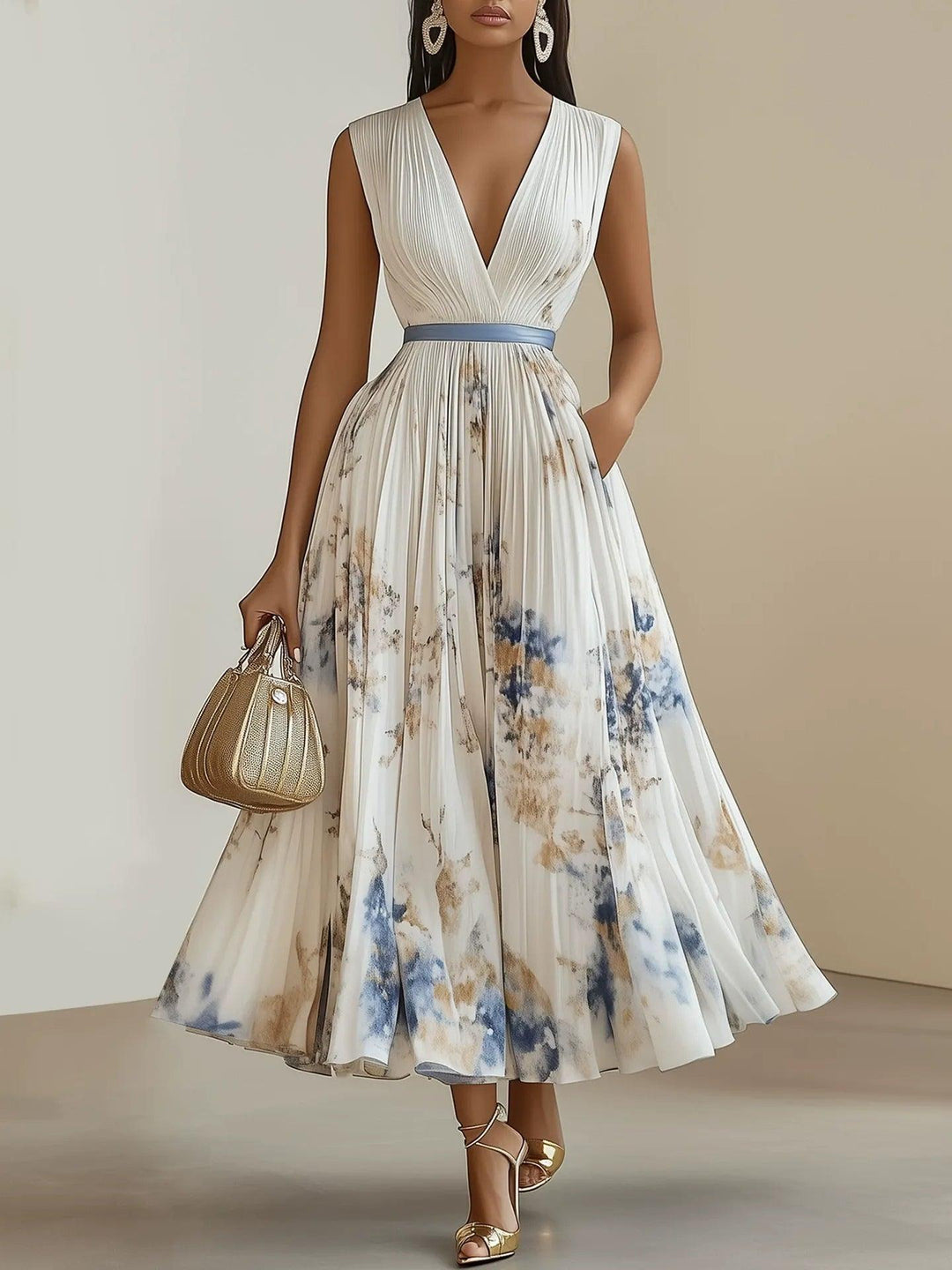 Chloé | Robe Midi Plissée en Chiffon Floral Blanc à Col V