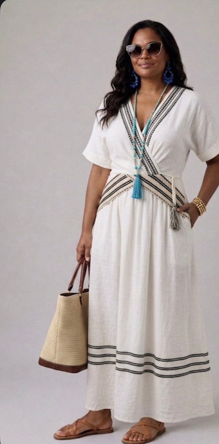 Seren | Robe midi à manches courtes en V style enveloppant