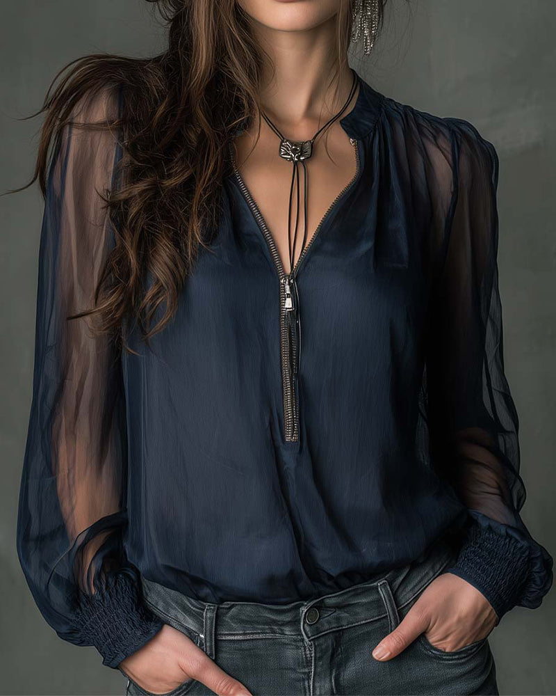 Helen | Blouse à Zip Demi Longue Manche Tricot