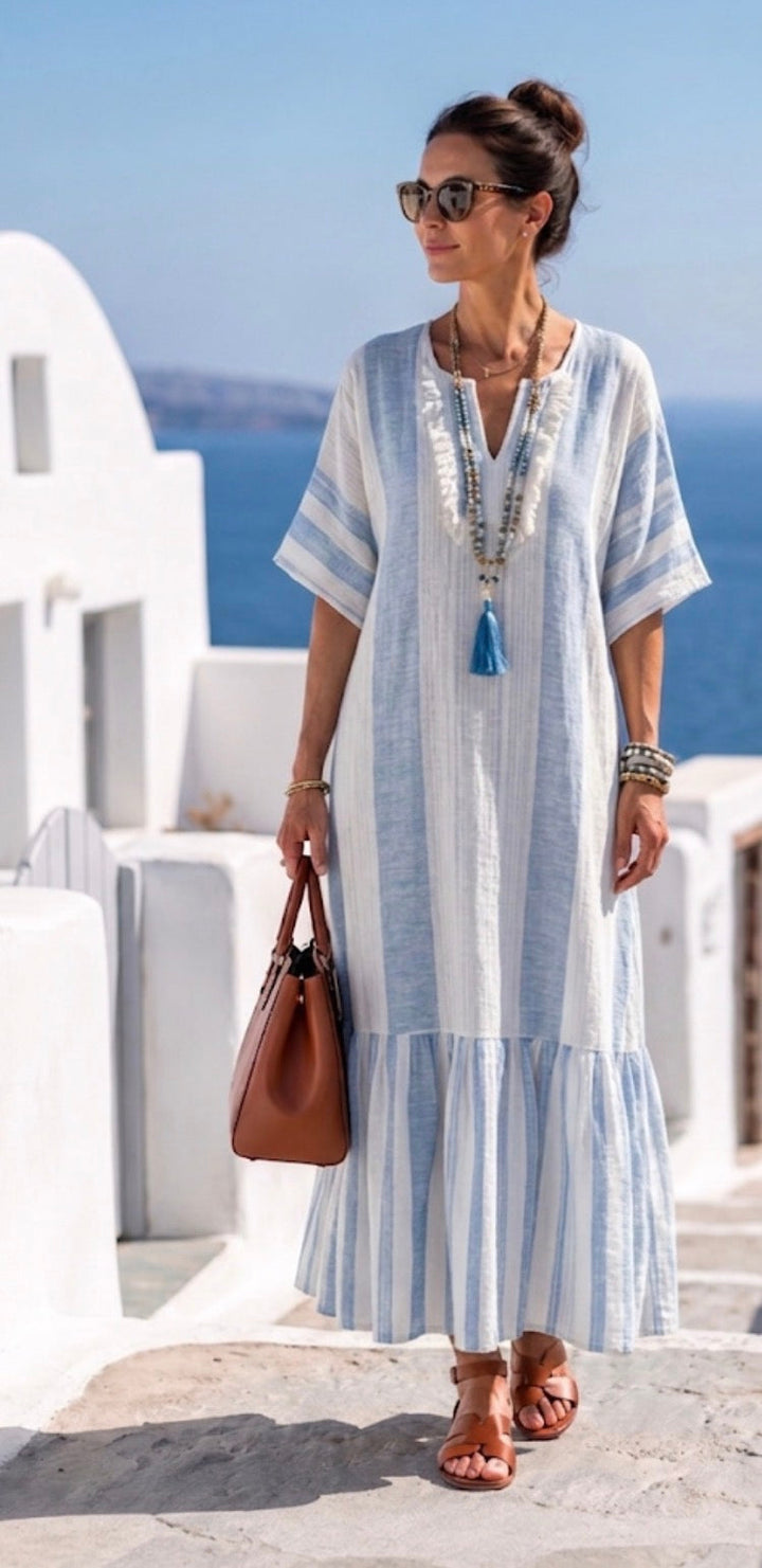 Ione | Robe maxi rayée à col rond et manches courtes