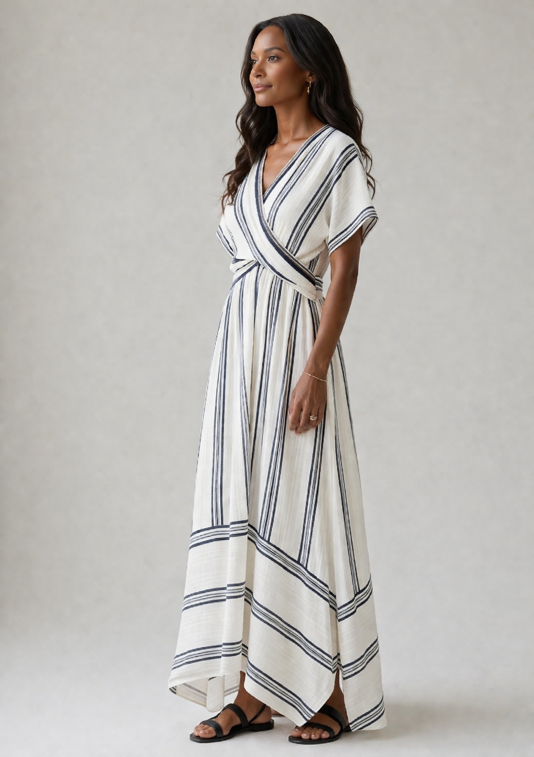 Thalassa | Robe midi à manches courtes en V avec taille cintrée
