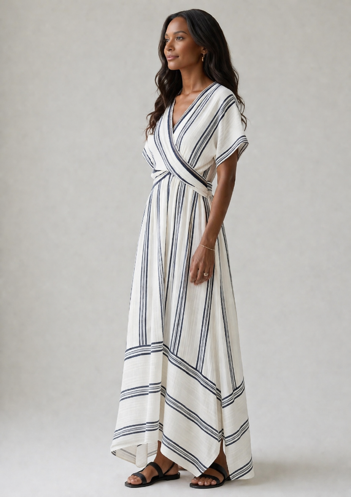 Thalassa | Robe midi à manches courtes en V avec taille cintrée
