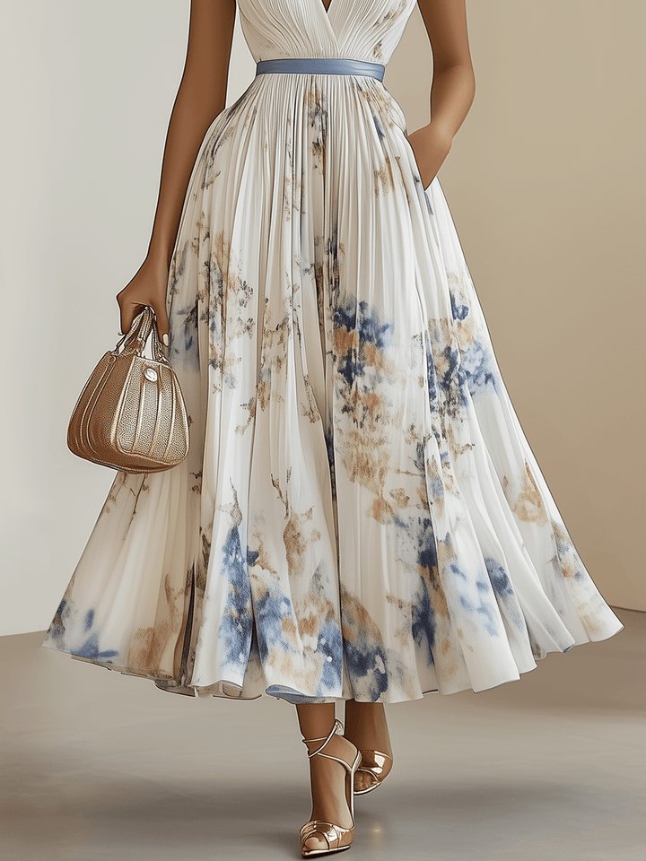 Chloé | Robe Midi Plissée en Chiffon Floral Blanc à Col V