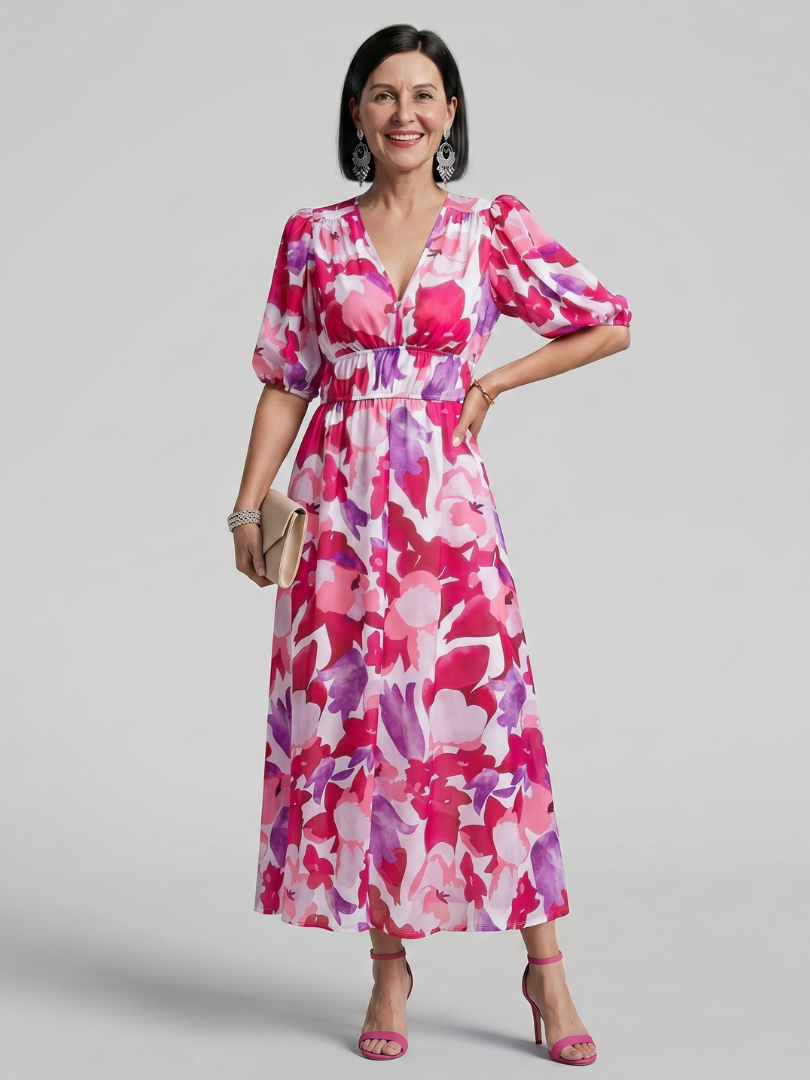 Candlia | Robe Midi à Imprimé Abstrait et Manches Bouffantes en V