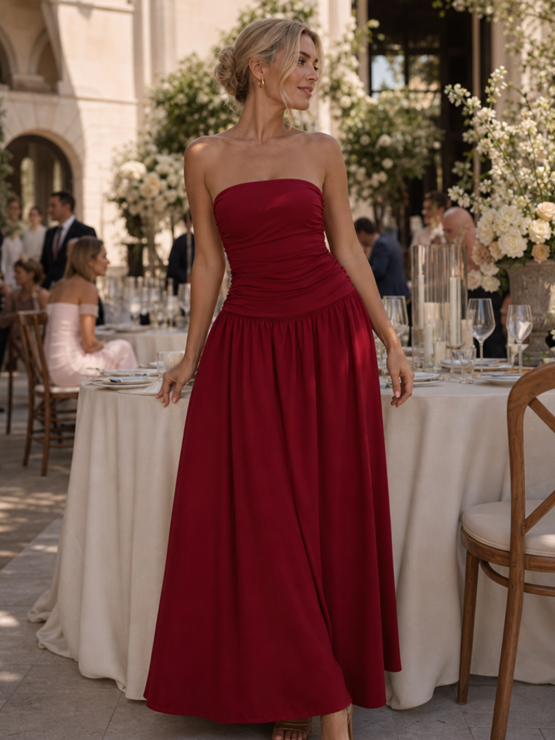 Zelene | Robe Midi Bustier à Corsage Froncé