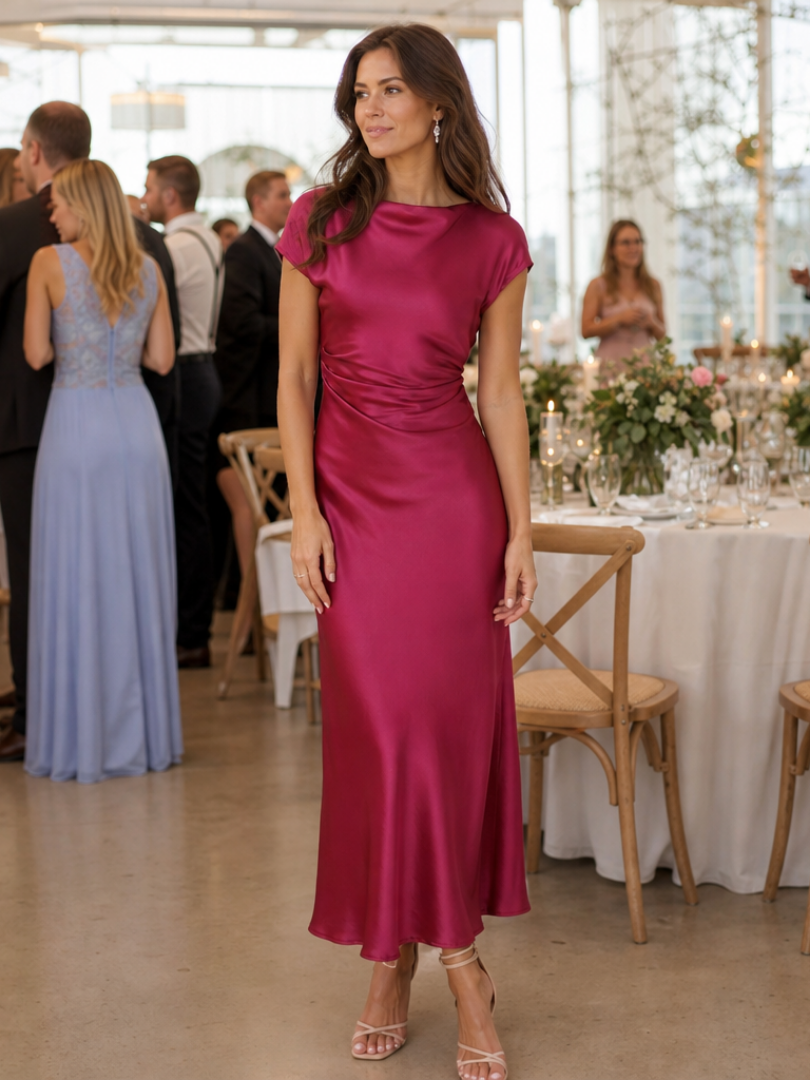 Elure | Robe Midi à Col Bateau et Manches Courtes Ajustée