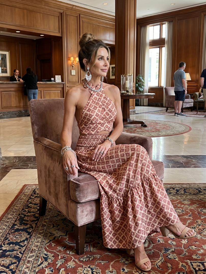 Amira | Robe midi découpée à imprimé géométrique et col croisé