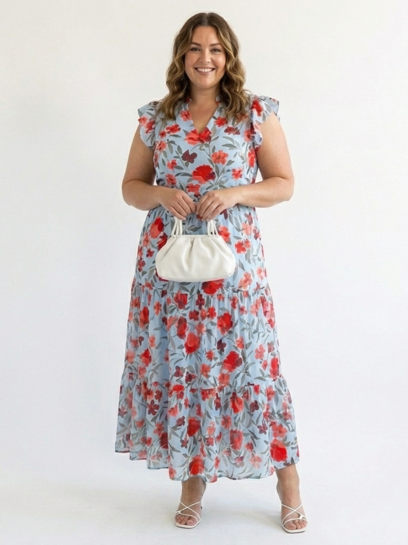 LILA | ROBE MIDI TIERED À COL V FLORAL