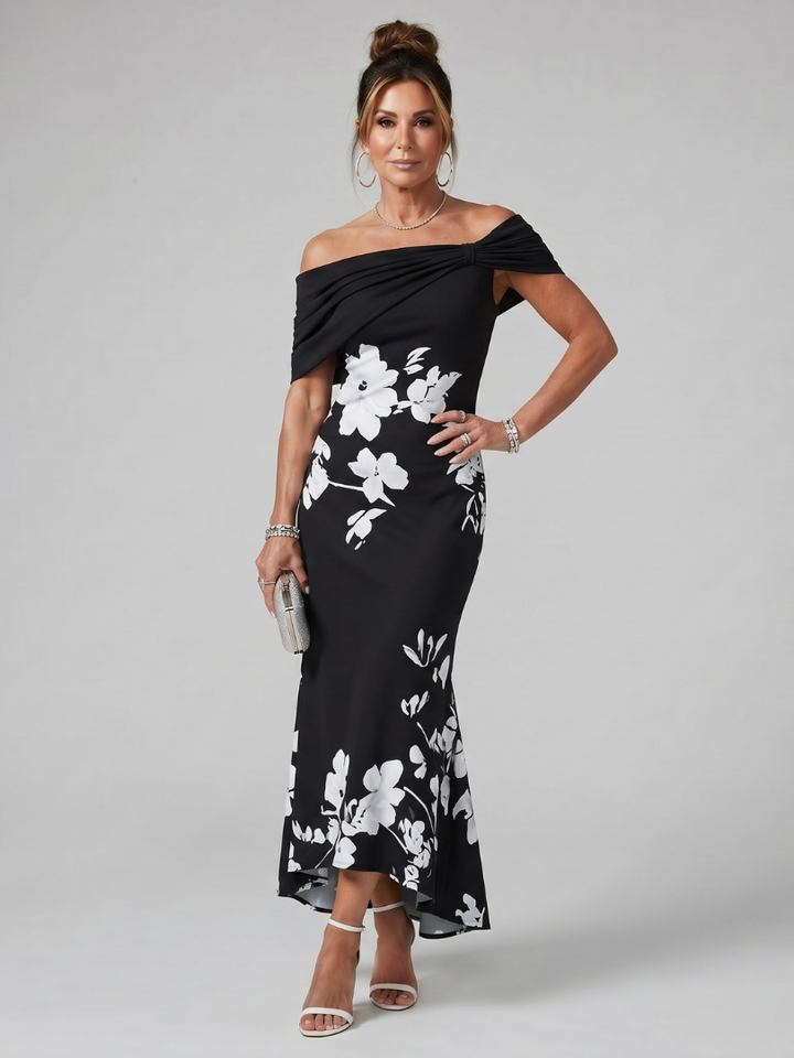 Cosma | Robe Midi à Encolure Drapée Hors Épaule