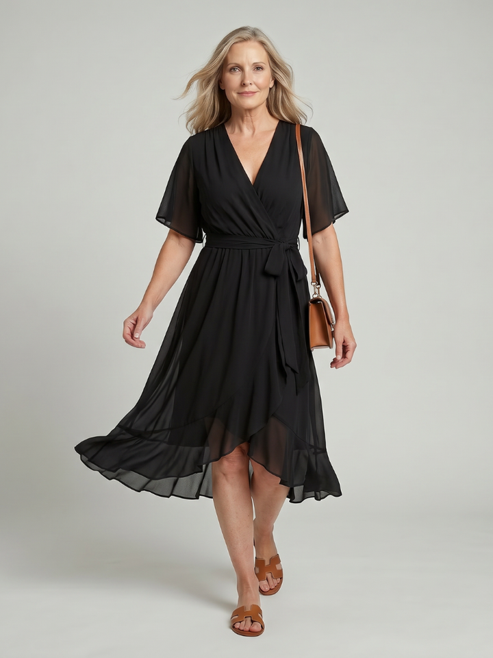 Keziah | Robe Midi à Manches Courtes en Drapé Doux