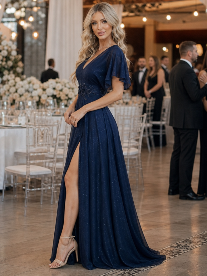 Orelia | Robe Maxi Fluide à Col en V et Manches Courtes
