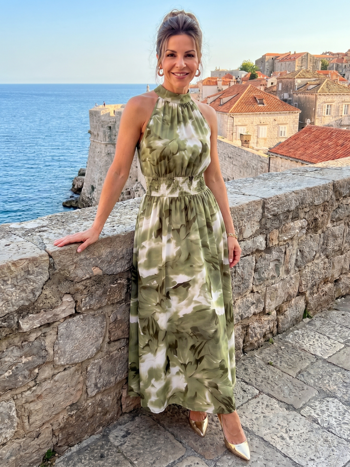 Olivia | Robe Midi Imprimé Abstrait à Taille Froncée
