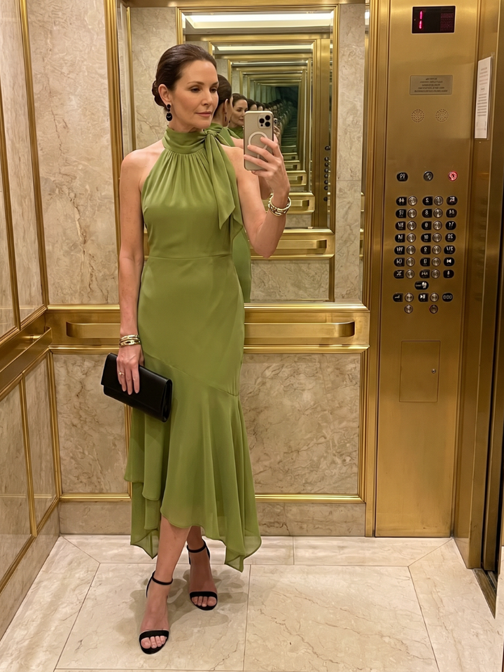 Winifred | Robe Midi Halter Drapée avec Ouverture en Clé